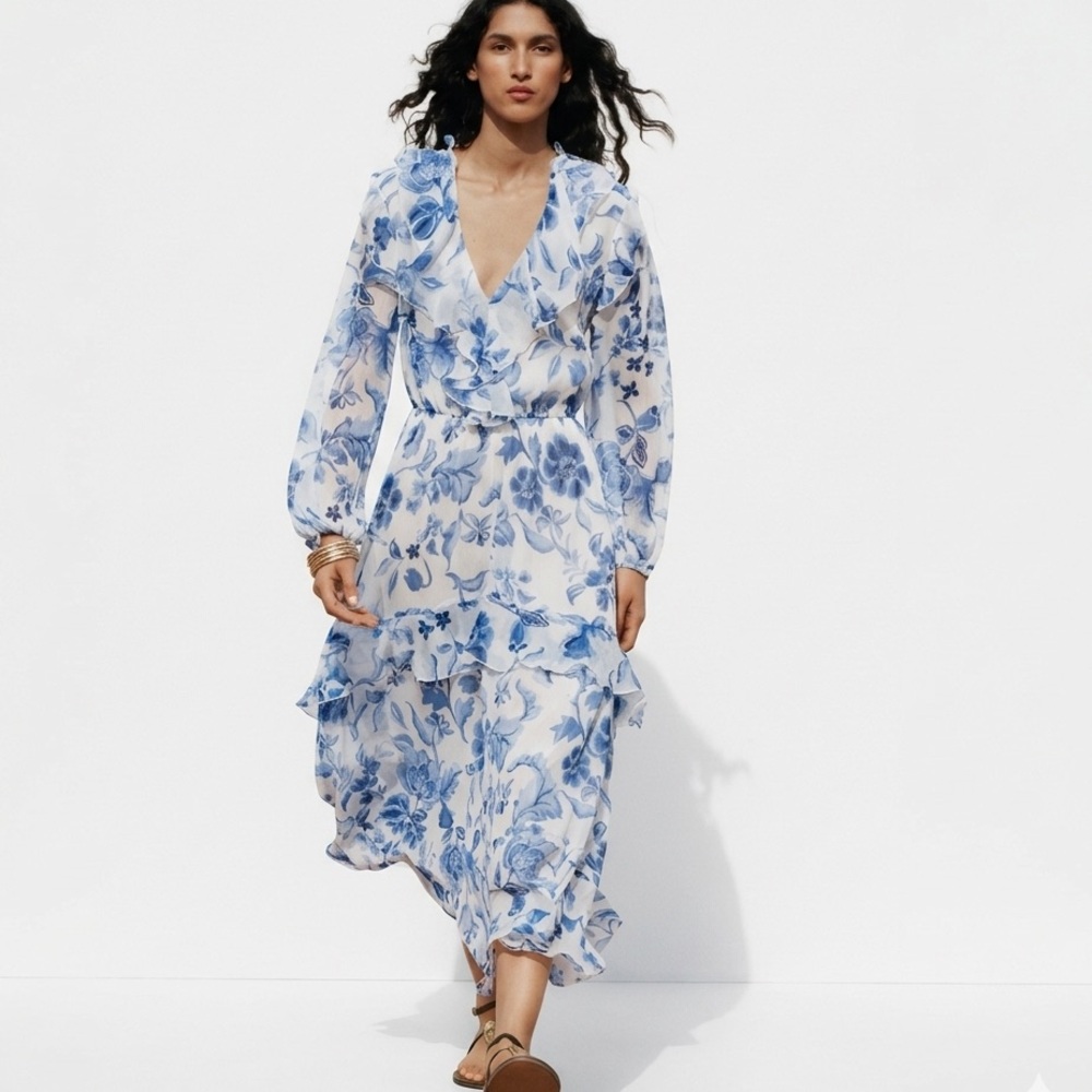 ZARA New Floral Blue and White Women's Dress